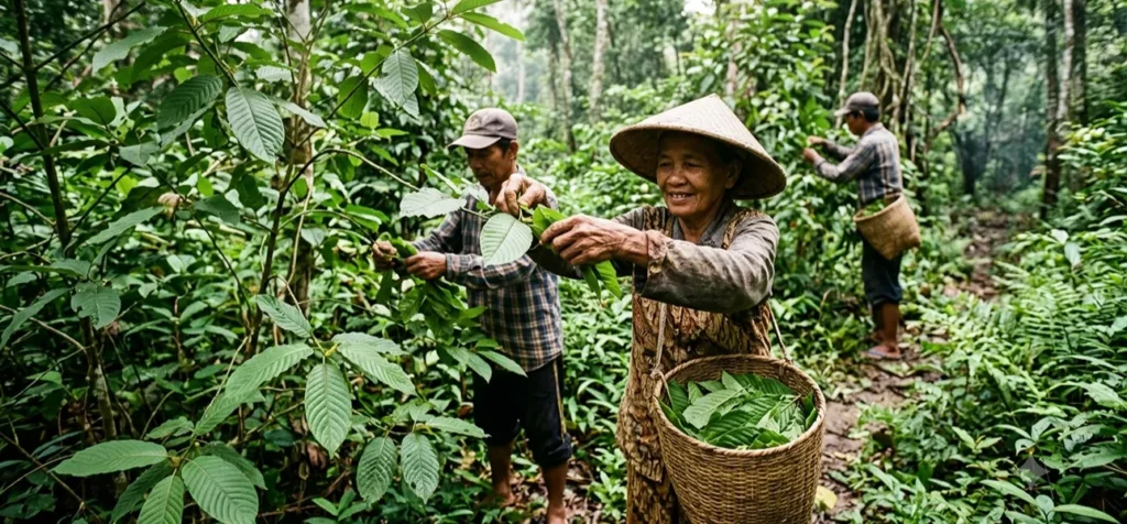 Petani memanen daun kratom di kebun Kalimantan Barat