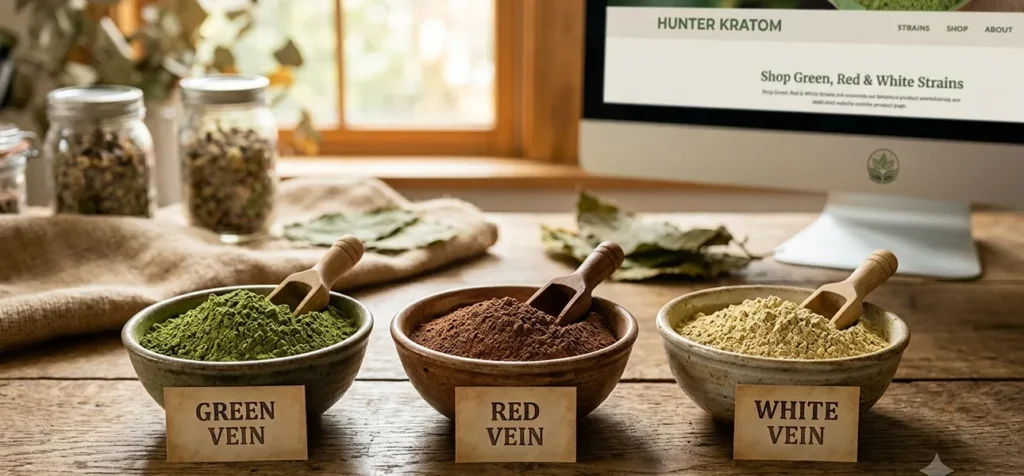 Tiga mangkuk bubuk kratom varian Green Vein, Red Vein, dan White Vein