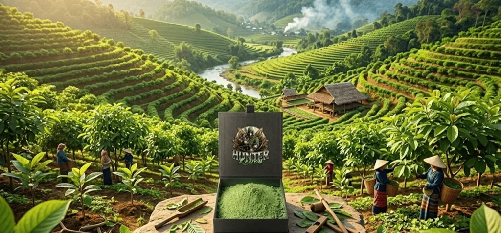 Kebun kratom berundak dengan kemasan bubuk kratom Hunter Kratom